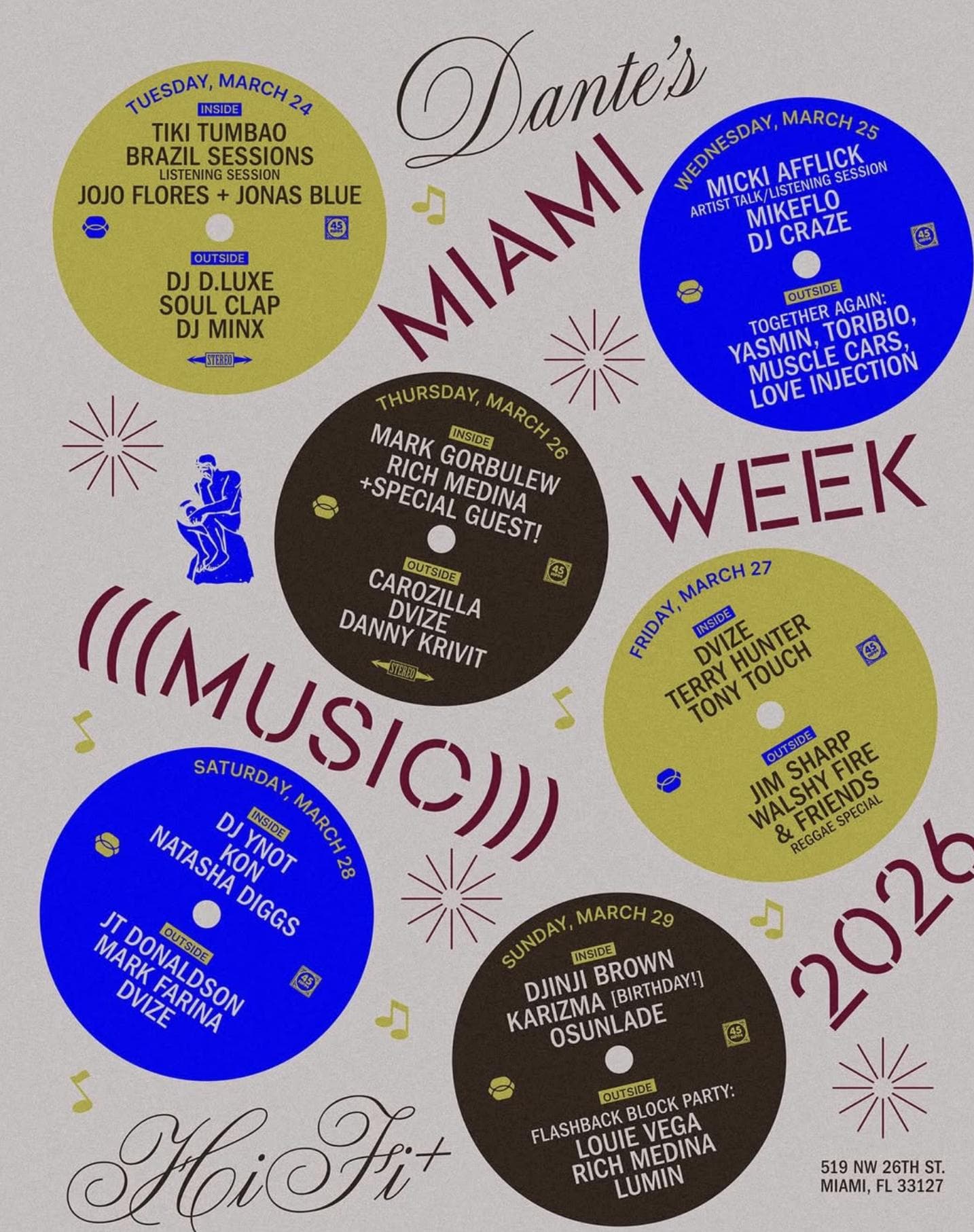 Dante’s Miami Music Week 2026 event flyer — music event at Dante’s HiFi+, 2026-03-27