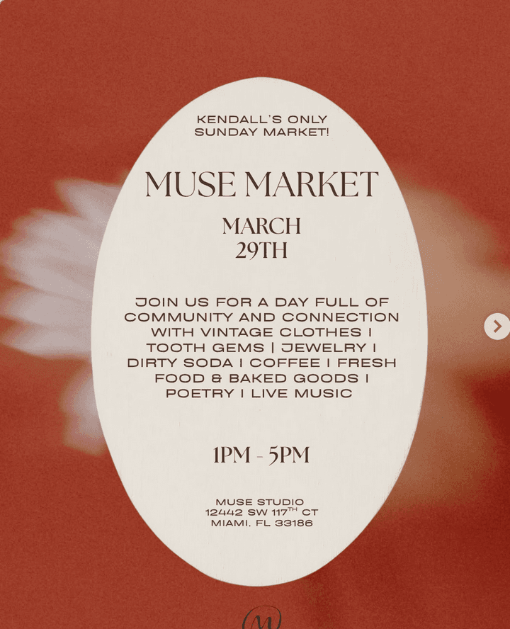 Muse Market event flyer — Market, Live Music, Food, Community at Muse Studio, 2026-03-29