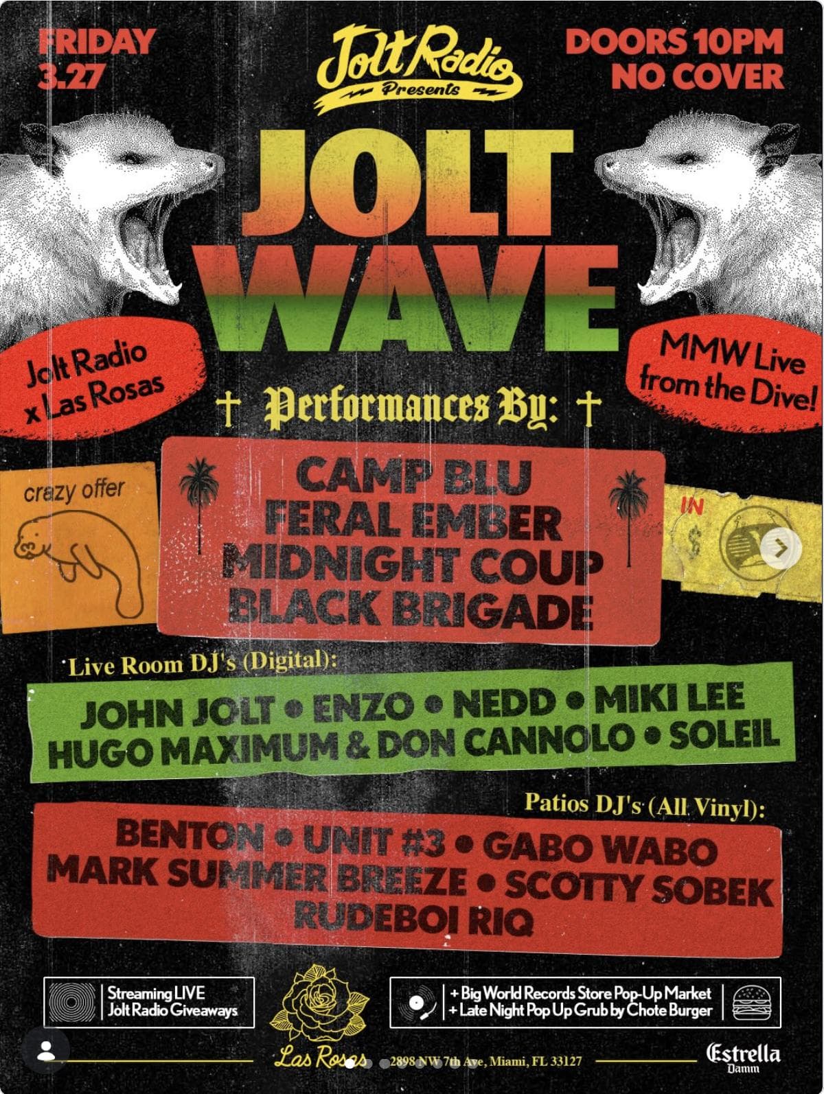 Jolt Wave: MMW Live from the Dive event flyer — music event at Las Rosas, 2026-03-27