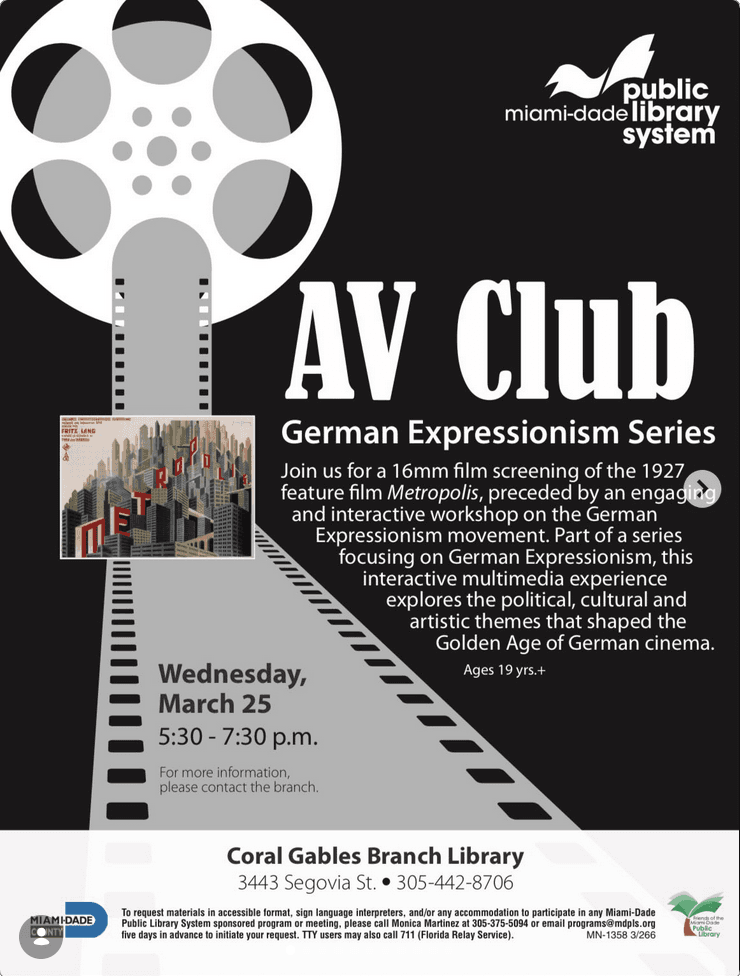 AV Club: German Expressionism Series - Metropolis — Art, Community, Literature at Coral Gables Branch Library during Miami Music Week 2026