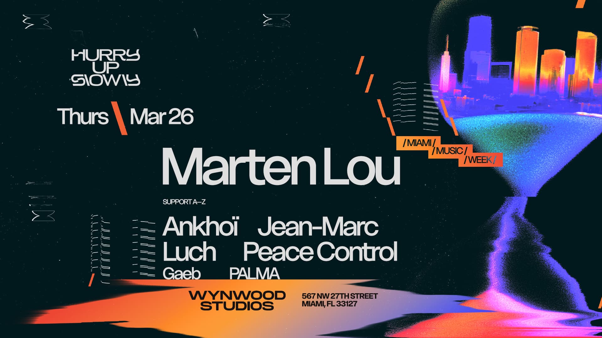 Marten Lou, Ankhoi, Luch, Peace Control @ Wynwood Studios event flyer — music event at Wynwood Studios, 2026-03-26