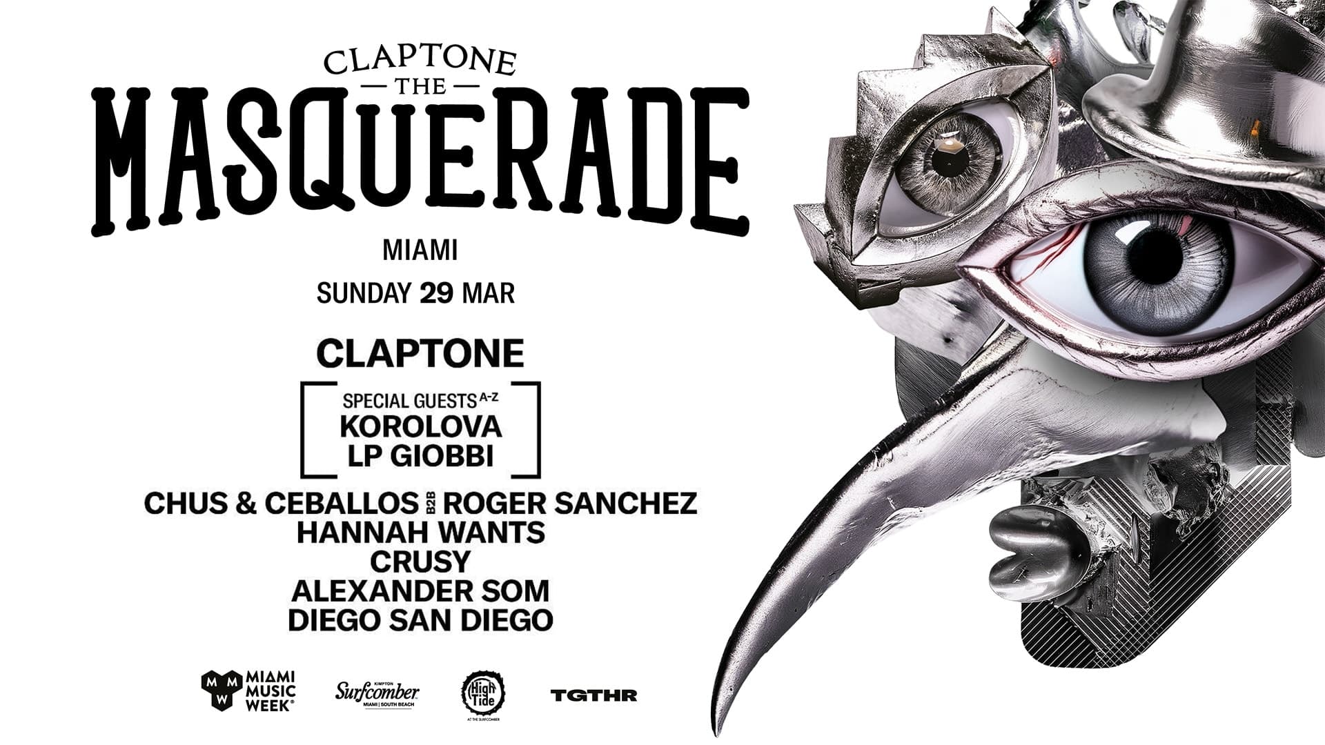 Claptone Presents The Masquerade Miami event flyer — Live Music at TGTHR., 2026-03-29