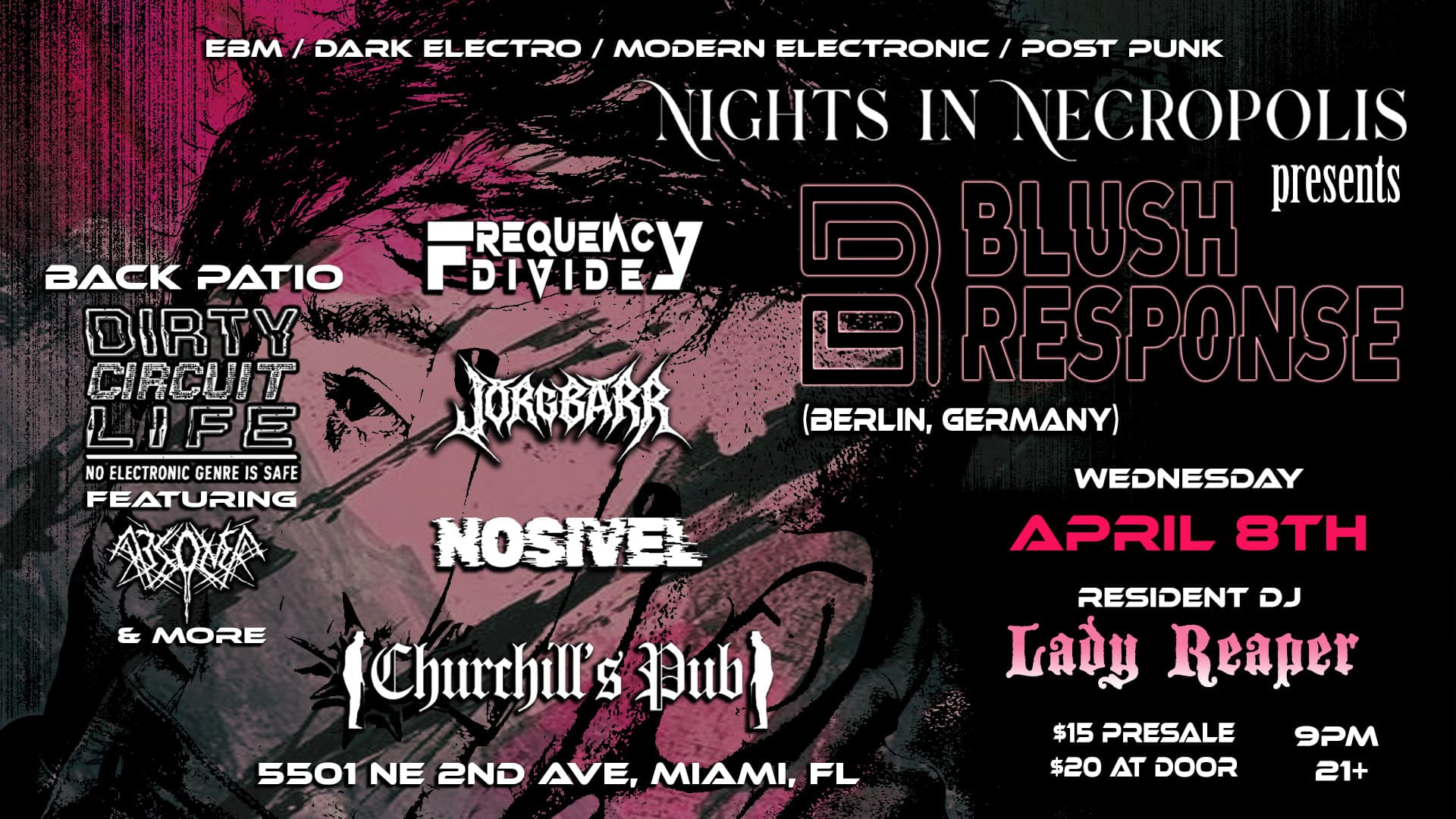Nights In Necropolis Presents Blush Response & More event flyer — music event at Churchills Pub (Main Stage), 2026-04-08