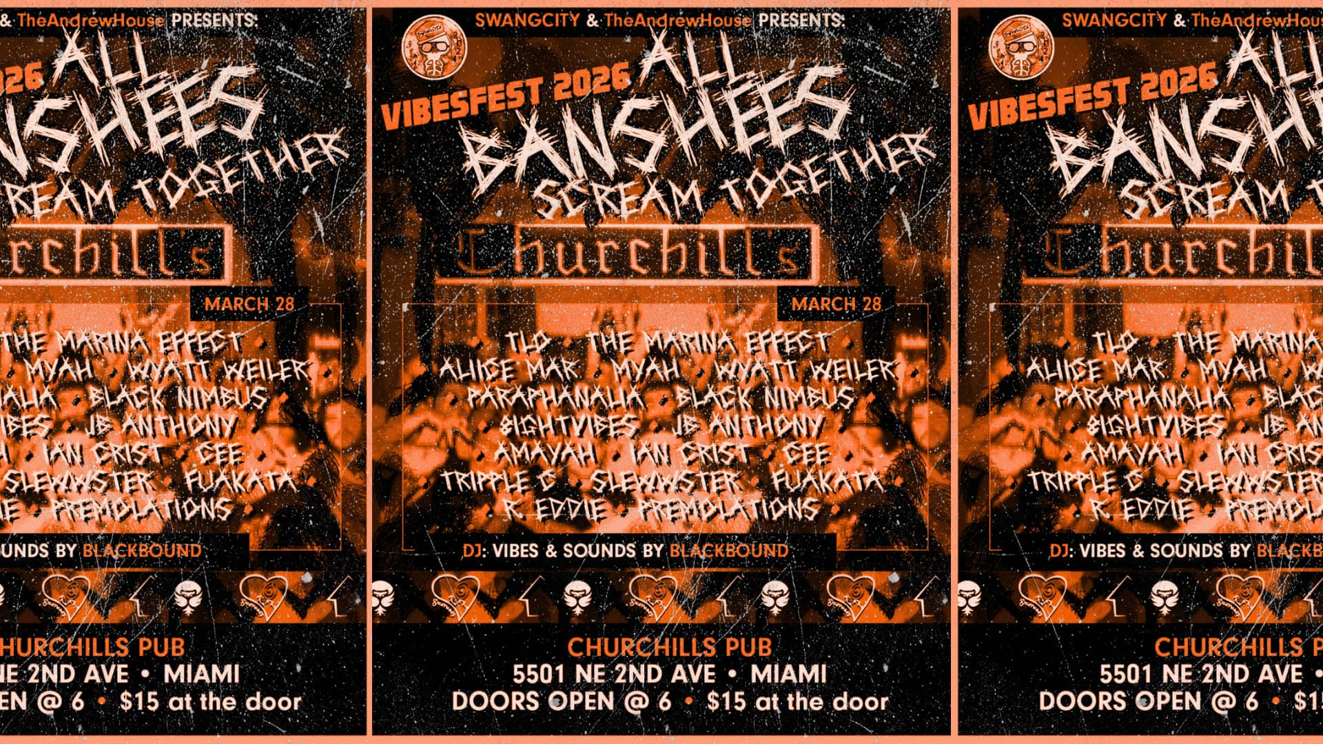 Vibesfest: All Banchees Scream Together event flyer — Live Music at Churchills Pub, 2026-03-28
